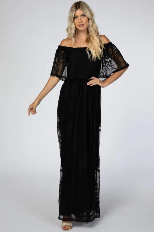 Black Lace Overlay Off Shoulder Flounce Maxi Dress sold by Pinkblush