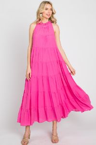 Fuchsia Tiered High Neck Maxi Dress sold by Pinkblush