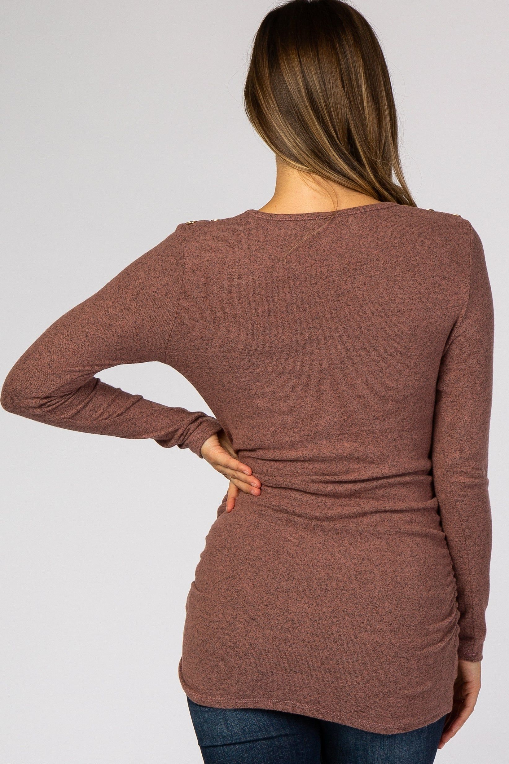 Mauve Soft Knit Button Shoulder Ruched Side Maternity Top sold by Pinkblush product image thumbnail 3