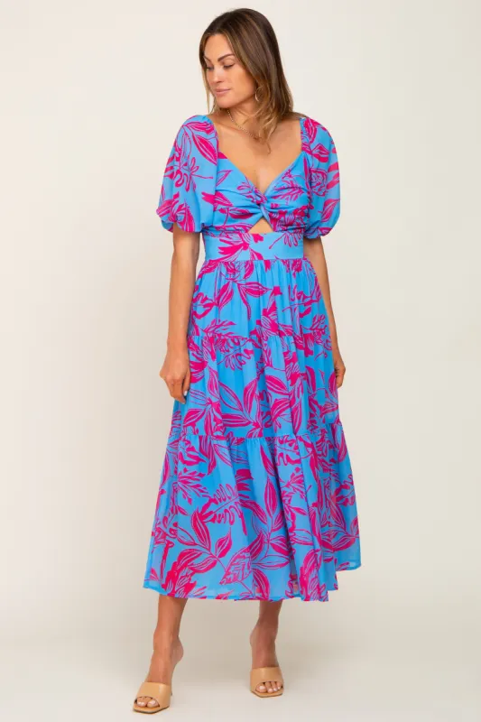 Blue Leaf Print Front Twist Tiered Dress sold by Pinkblush