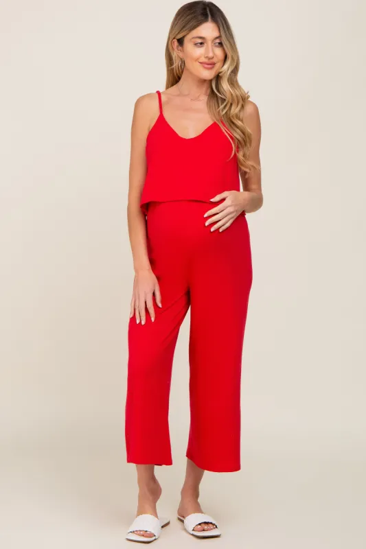 Red Ribbed Double Layer Cropped Maternity Jumpsuit sold by Pinkblush