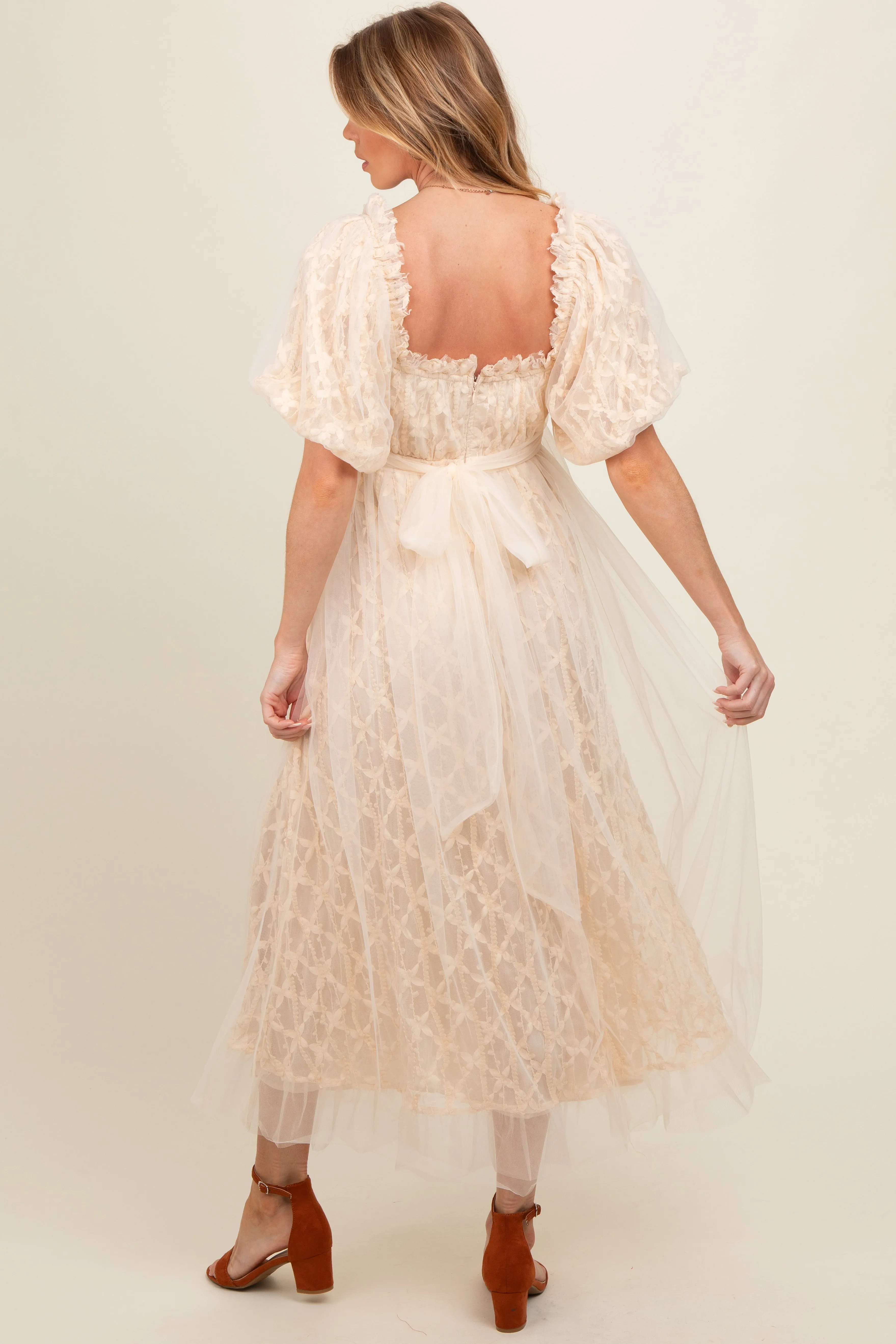 Cream Balloon Sleeve Embroidery Mesh Maternity Midi Dress sold by Pinkblush product image thumbnail 3