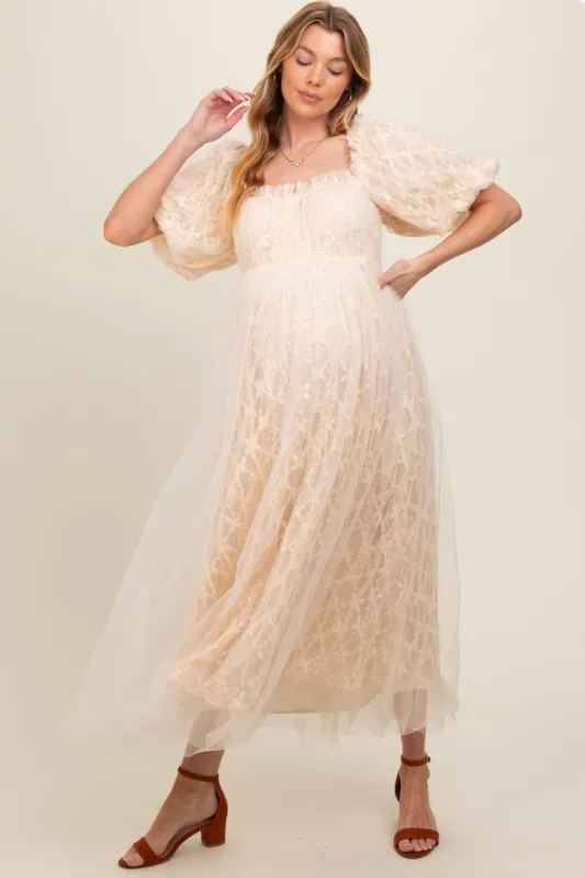 Cream Balloon Sleeve Embroidery Mesh Maternity Midi Dress sold by Pinkblush