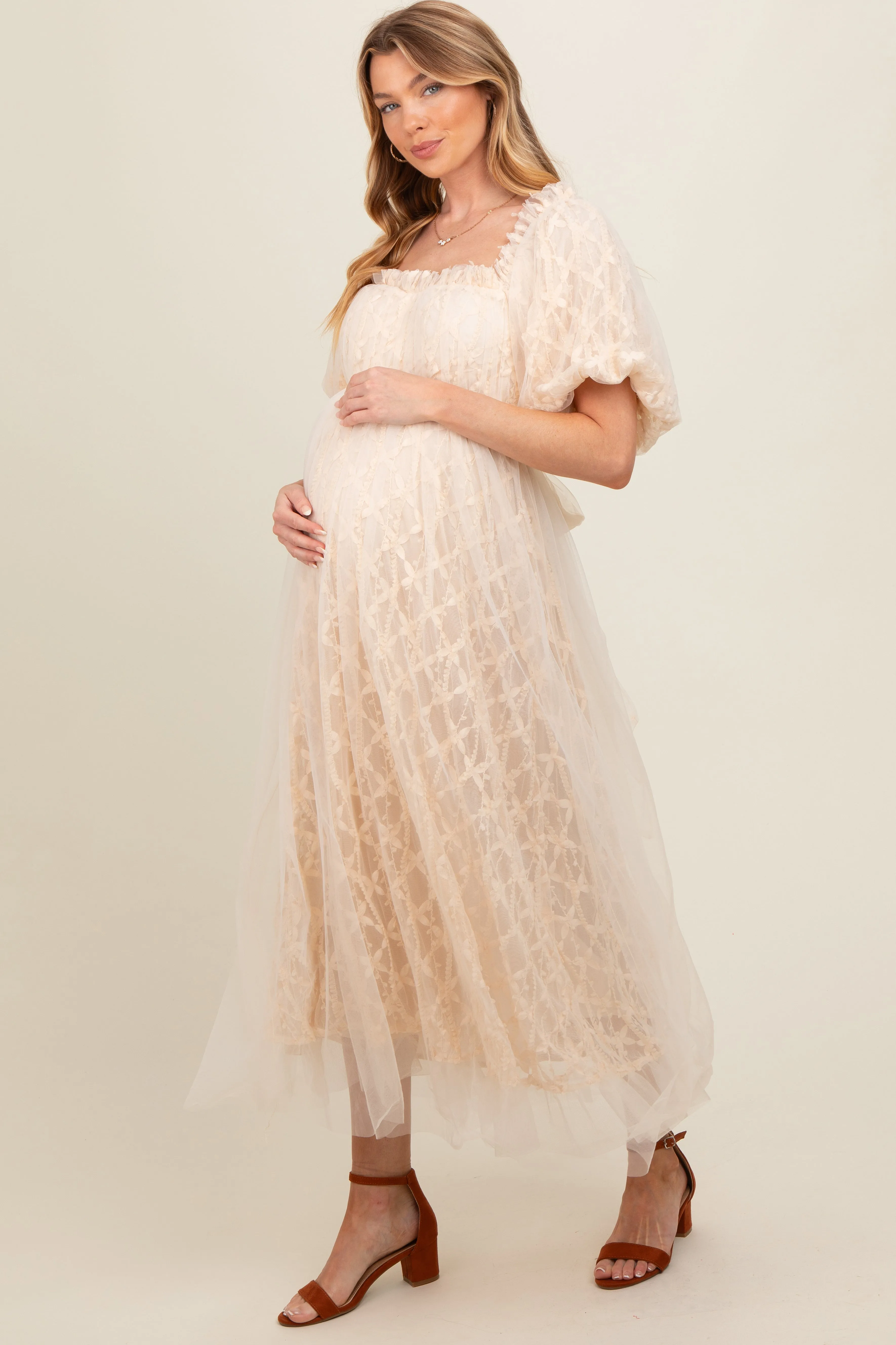 Cream Balloon Sleeve Embroidery Mesh Maternity Midi Dress sold by Pinkblush product image thumbnail 2