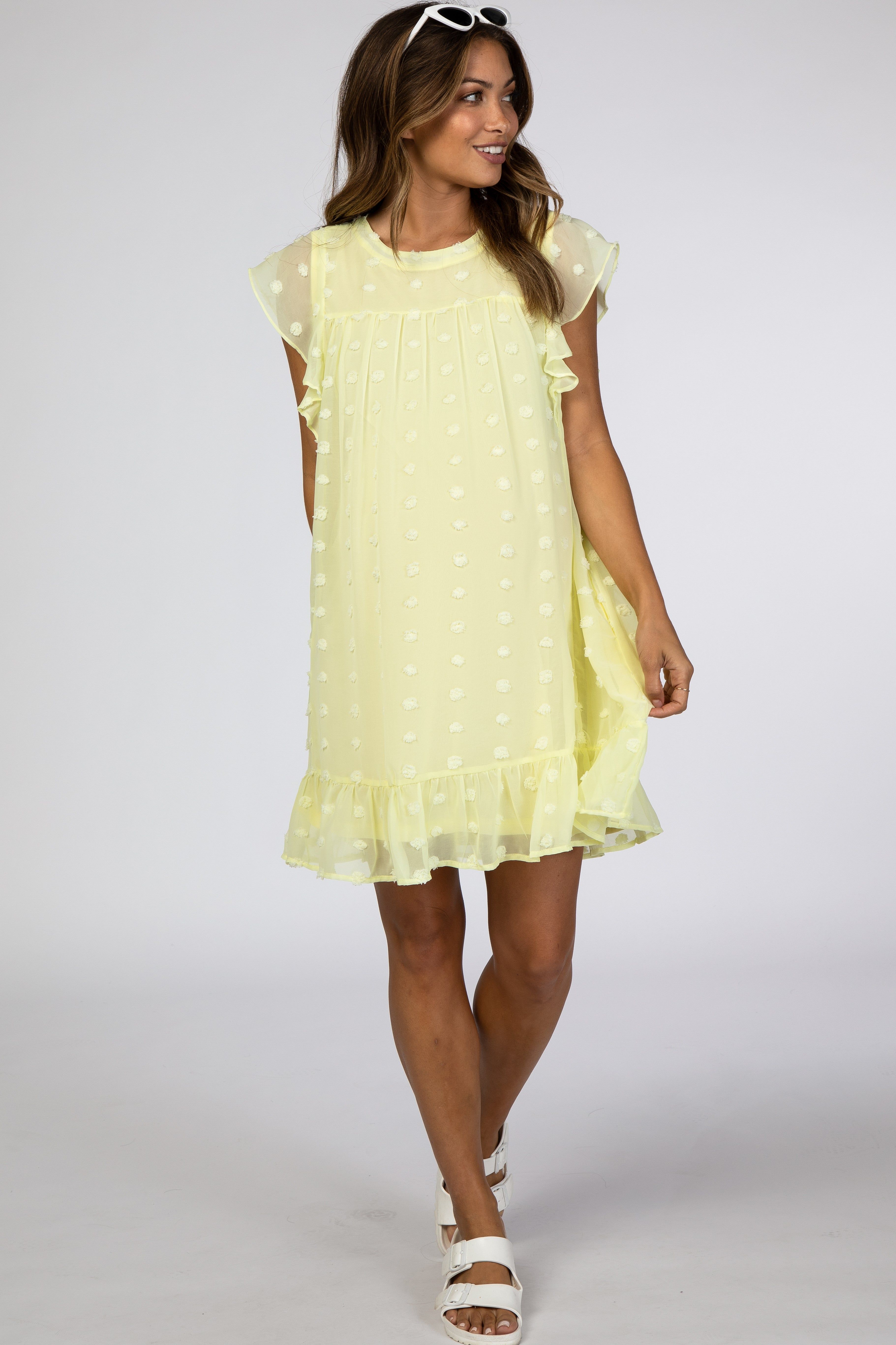 Yellow Textured Polka Dot Ruffle Maternity Dress sold by Pinkblush