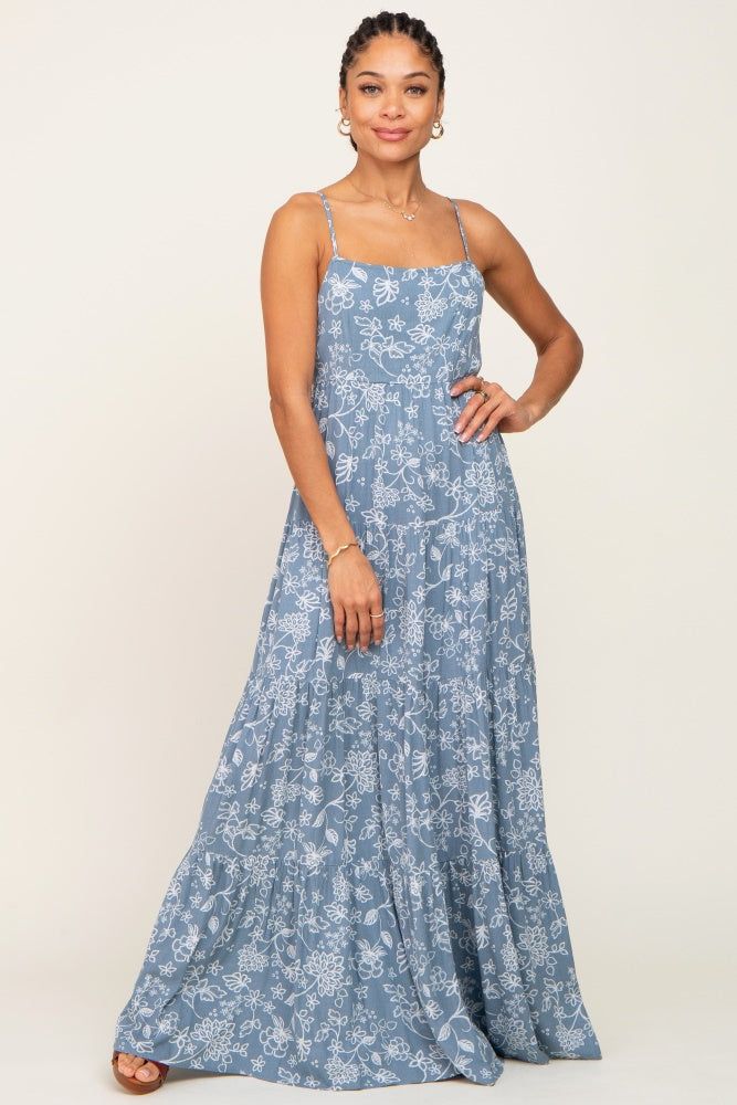 Blue Floral Tiered Maxi Dress sold by Pinkblush product image thumbnail 4