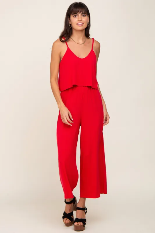 Red Ribbed Double Layer Cropped Jumpsuit sold by Pinkblush