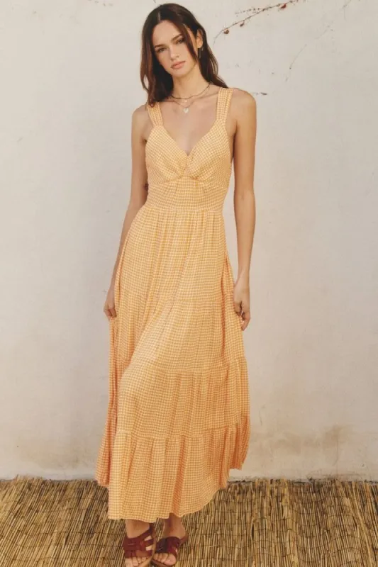Mustard Ivory Gingham Tie-Back Tiered Dress sold by Pinkblush