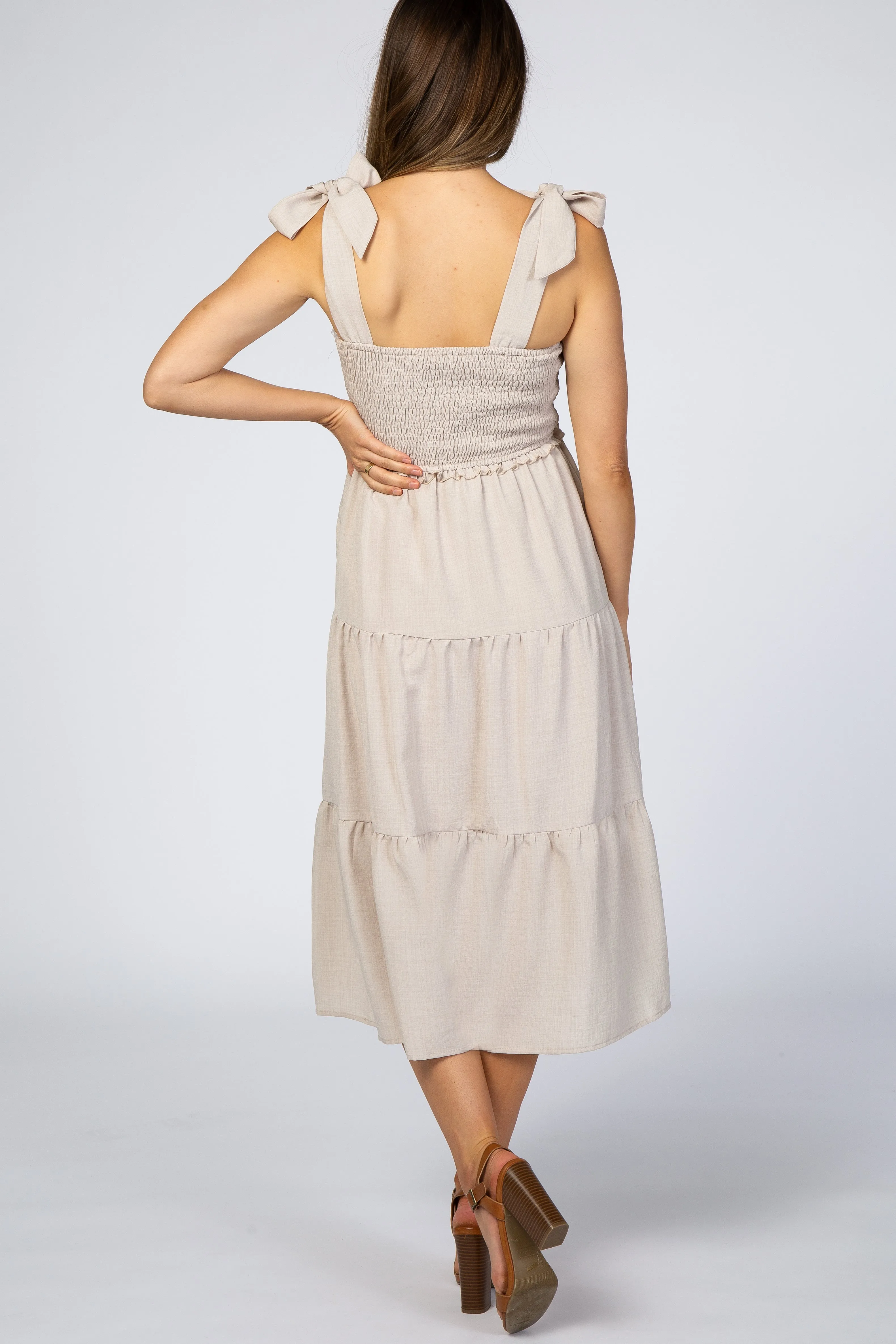 Beige Bow Strap Tiered Maternity Midi Dress sold by Pinkblush product image thumbnail 3