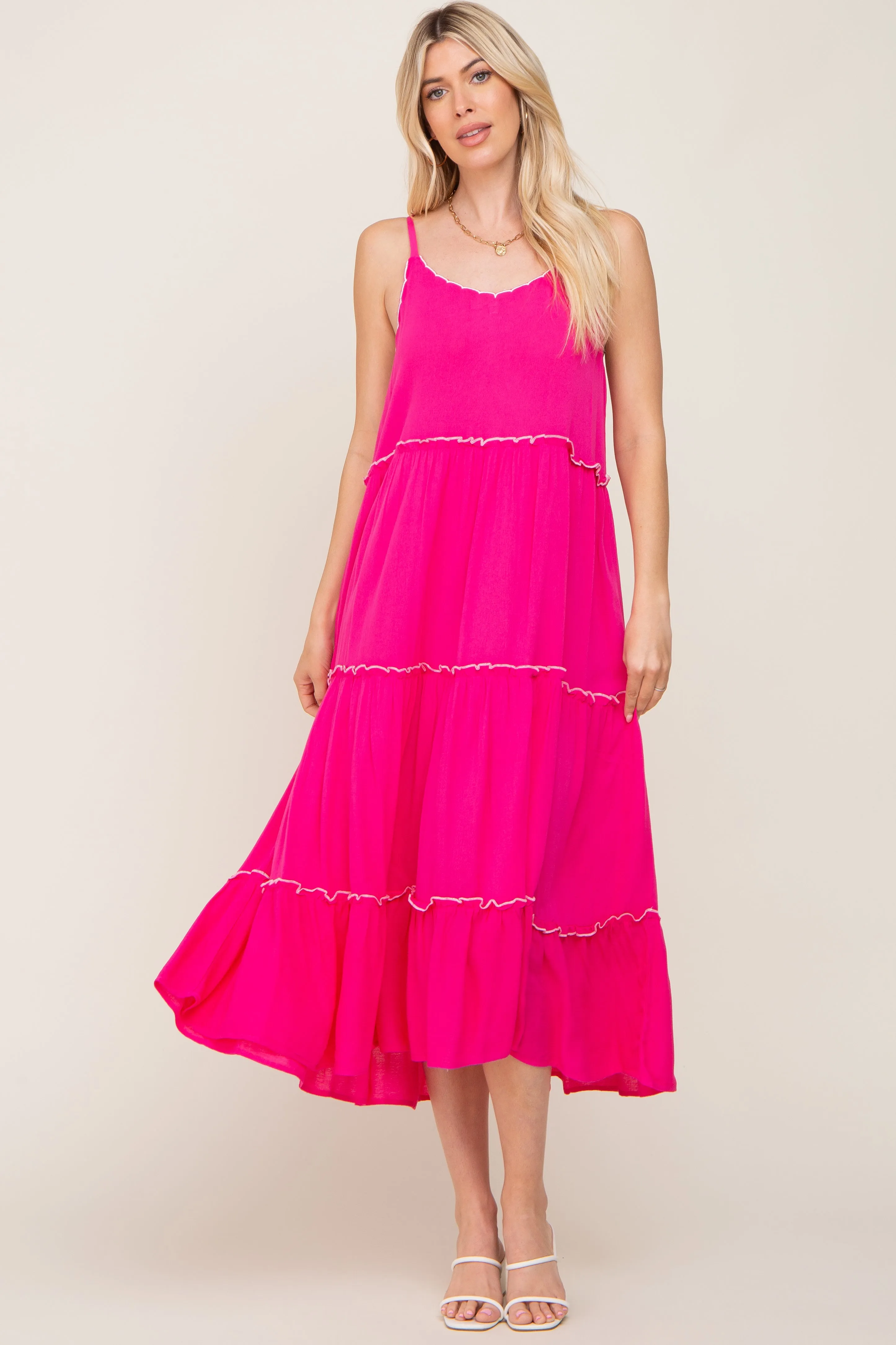 Fuchsia Scalloped Neck Tiered Maxi Dress sold by Pinkblush product image thumbnail 4
