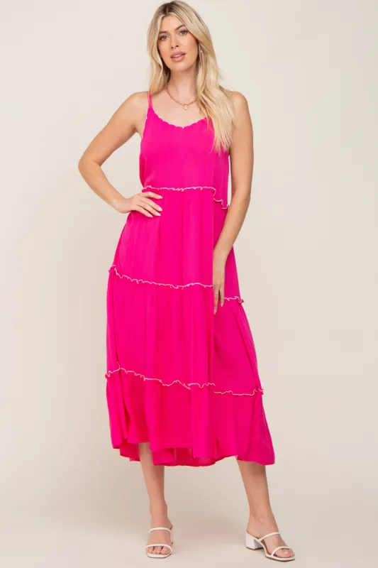Fuchsia Scalloped Neck Tiered Maxi Dress sold by Pinkblush