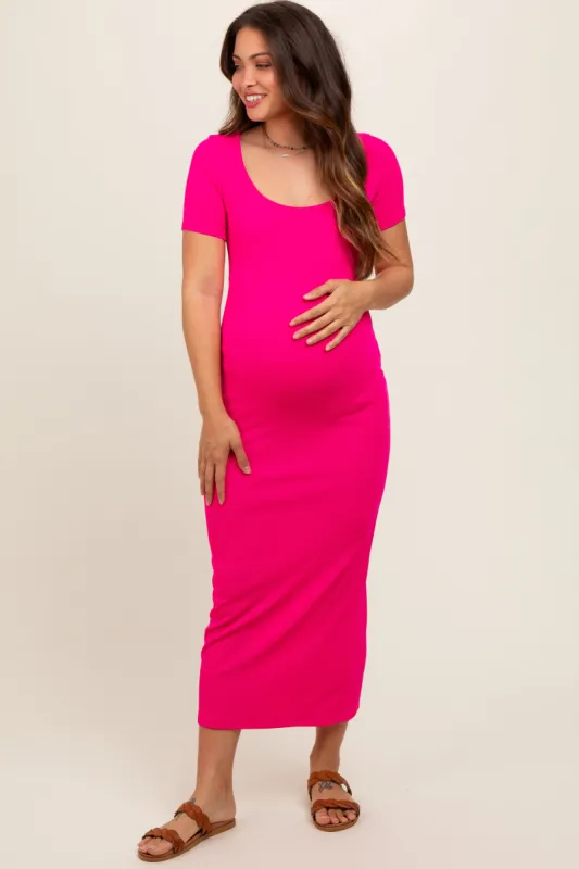 Fuchsia Ribbed Fitted Maternity Midi Dress sold by Pinkblush