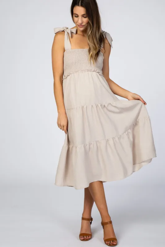 Beige Bow Strap Tiered Maternity Midi Dress sold by Pinkblush