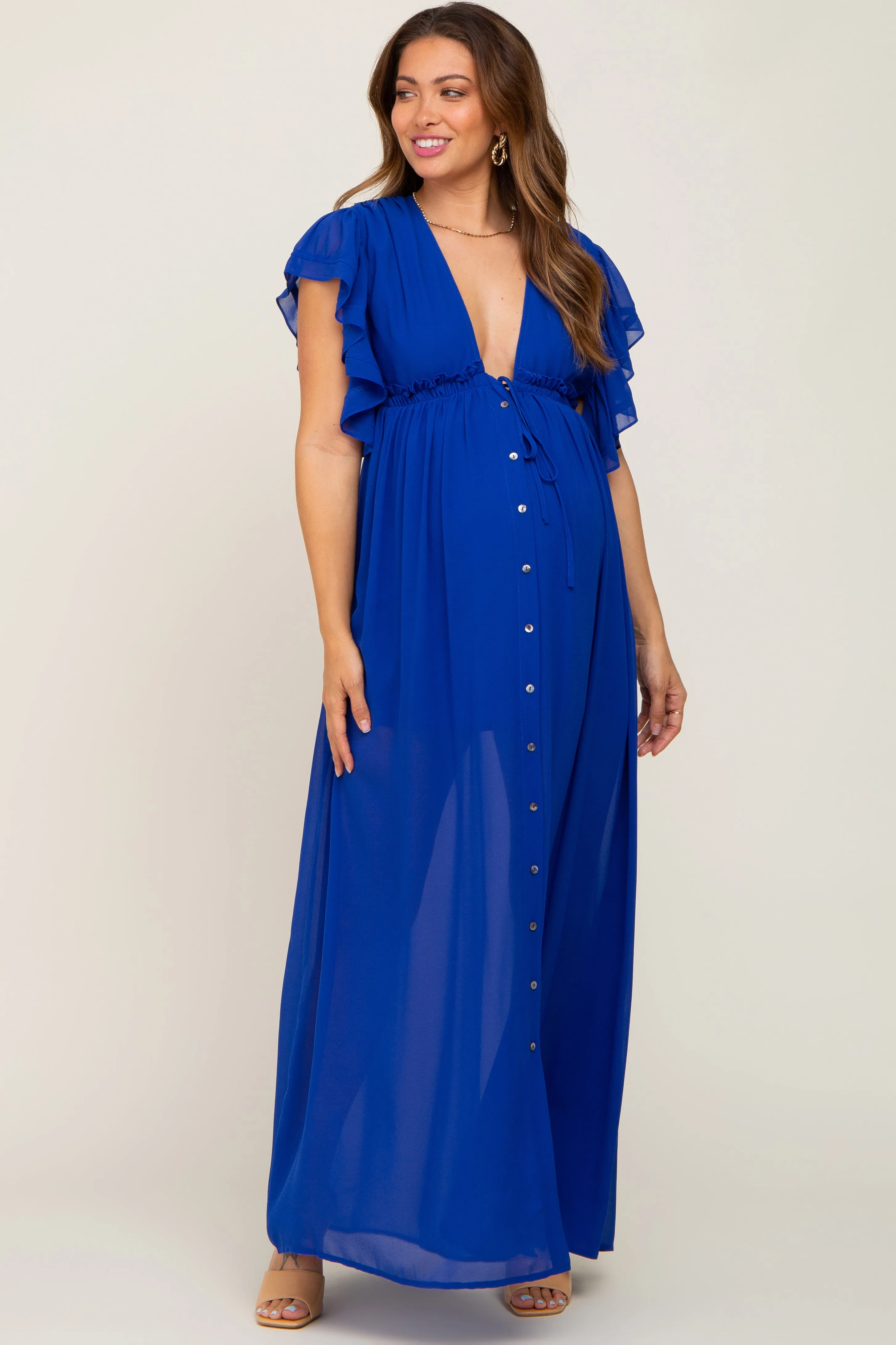 Royal Blue Flounce Button Front Maternity Maxi Dress sold by Pinkblush product image thumbnail 4