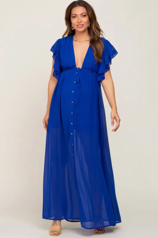 Royal Blue Flounce Button Front Maternity Maxi Dress sold by Pinkblush