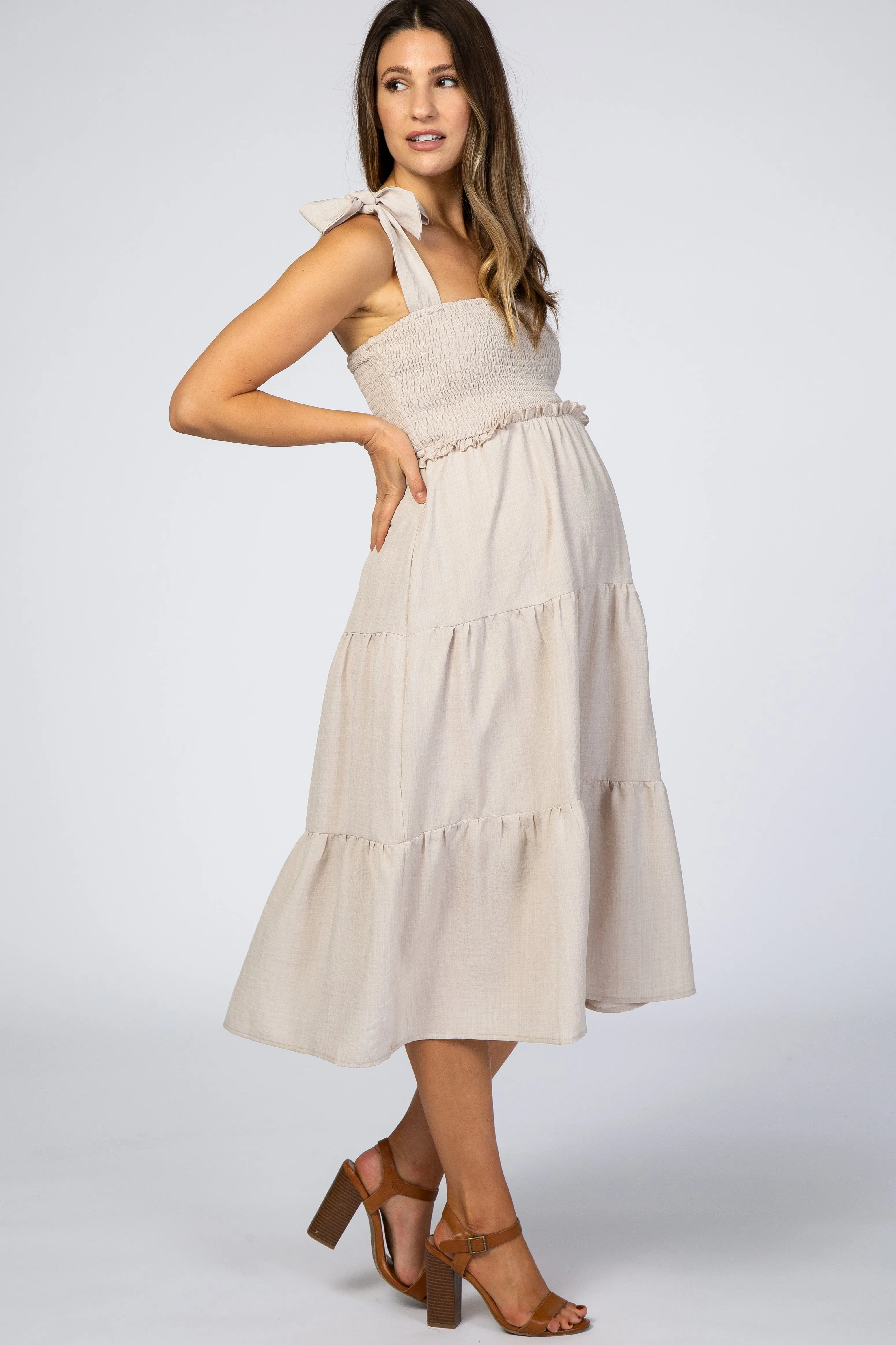 Beige Bow Strap Tiered Maternity Midi Dress sold by Pinkblush product image thumbnail 2