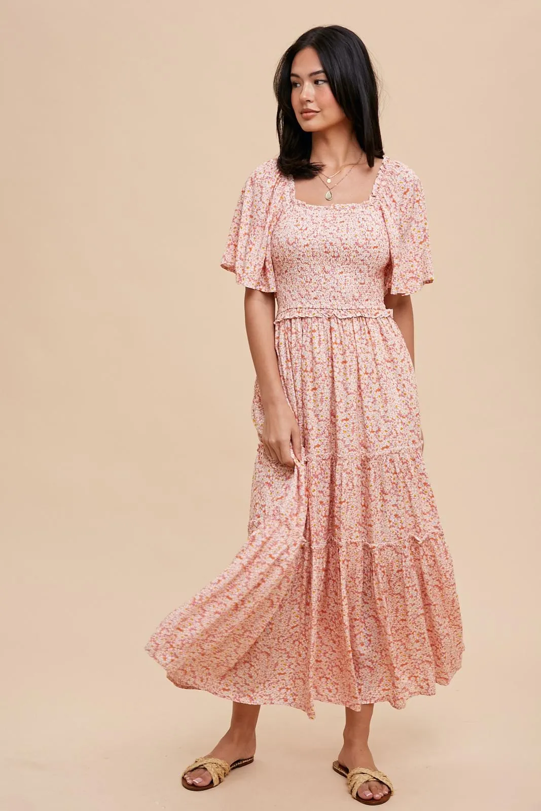 Pink Floral Smocked Tiered Maxi Dress sold by Pinkblush product image thumbnail 4