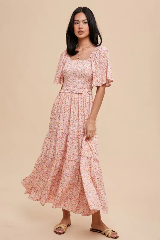 Pink Floral Smocked Tiered Maxi Dress sold by Pinkblush