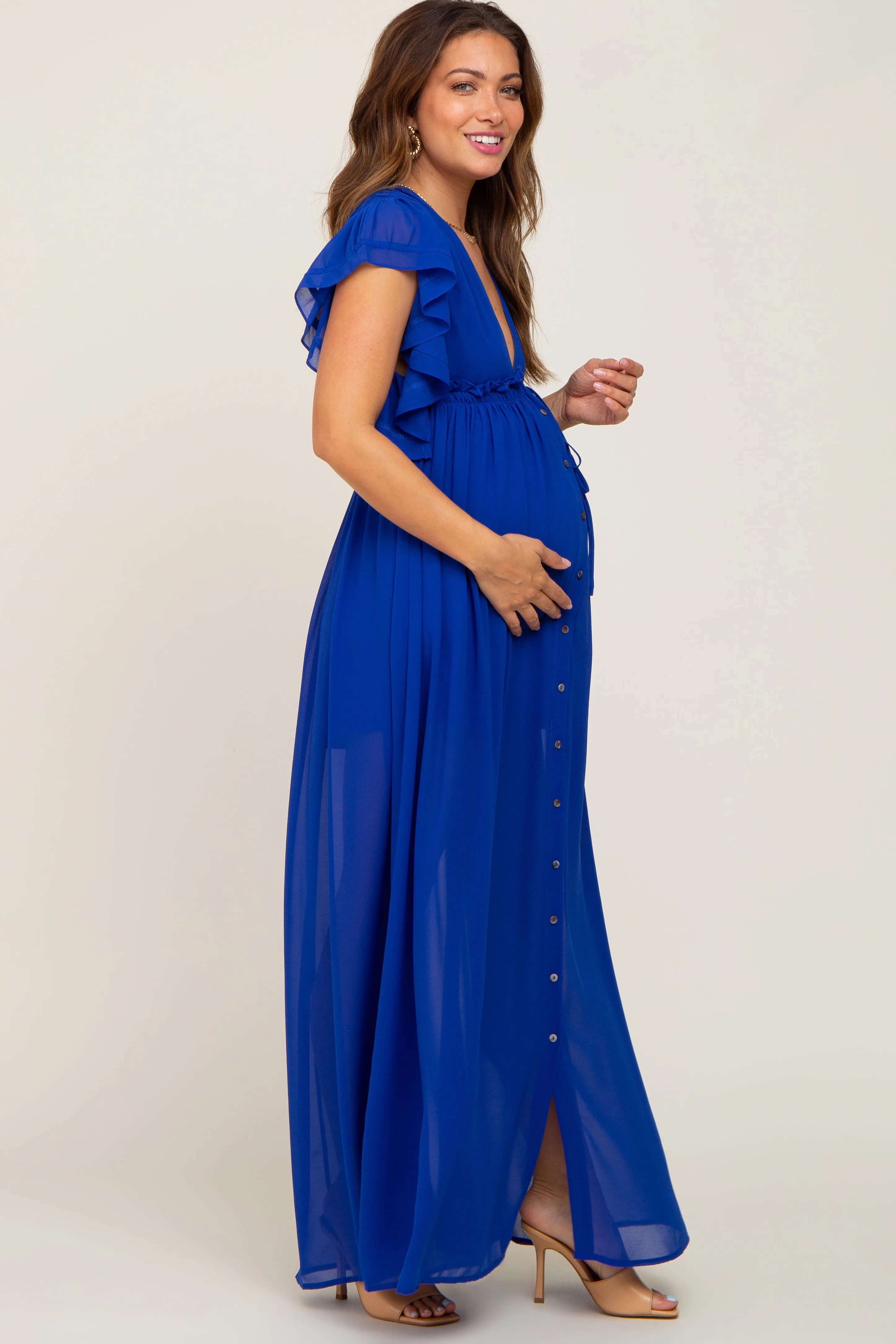 Royal Blue Flounce Button Front Maternity Maxi Dress sold by Pinkblush product image thumbnail 2