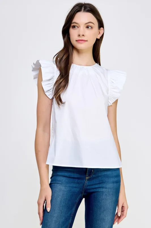 White Ruffle Sleeve Poplin Top sold by Pinkblush