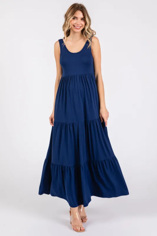 Navy Sleeveless Scoop Back Tiered Maxi Dress sold by Pinkblush