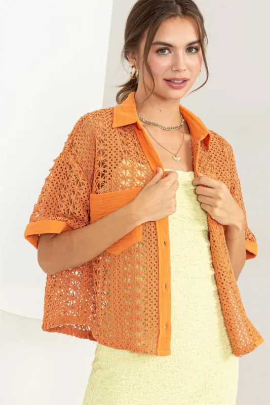 Orange Crochet Button-Front Top sold by Pinkblush