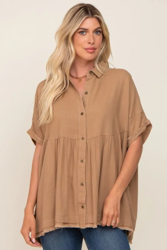 Mocha Button Up Contrast Stitch Short Sleeve Top sold by Pinkblush