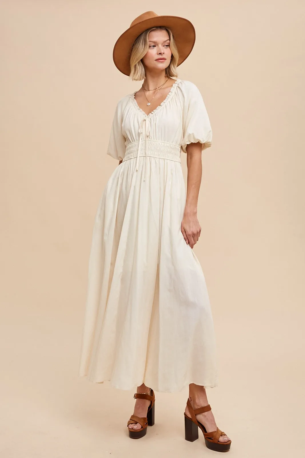 Cream Smocked Puff Sleeve Maxi Dress sold by Pinkblush product image thumbnail 2