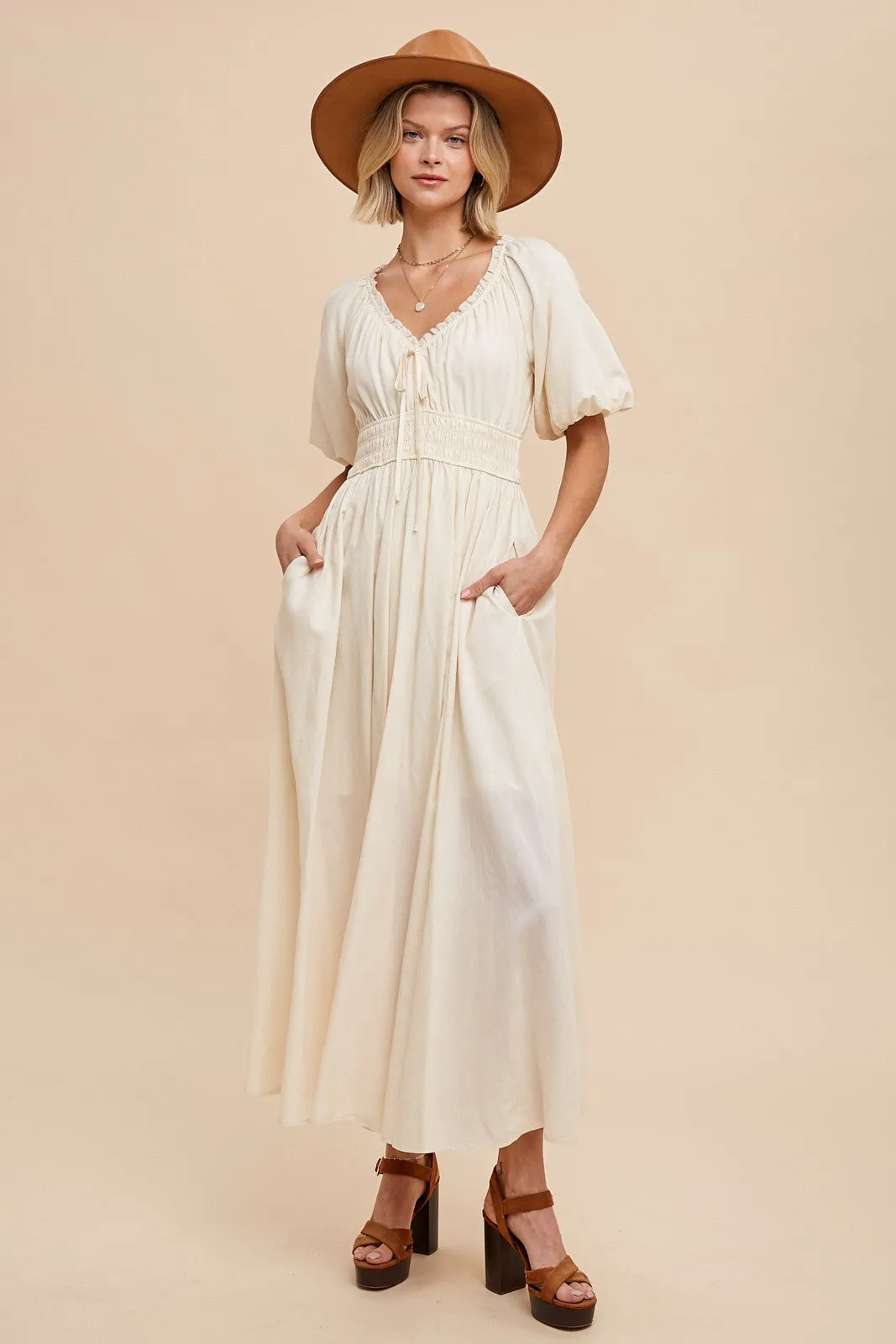 Cream Smocked Puff Sleeve Maxi Dress sold by Pinkblush product image thumbnail 3