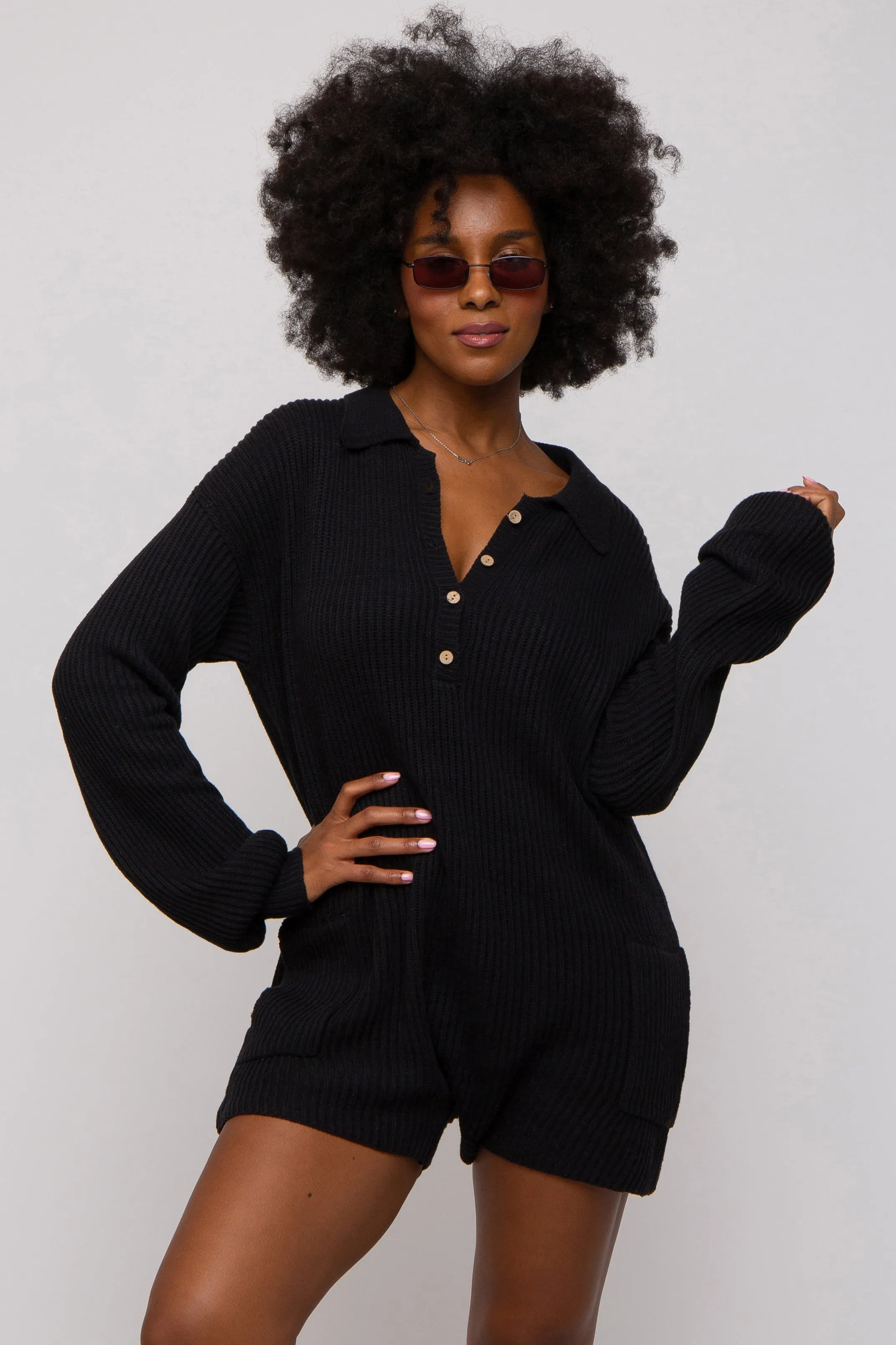 Black Button Up Sweater Romper sold by Pinkblush product image thumbnail 2