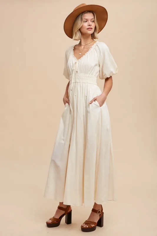Cream Smocked Puff Sleeve Maxi Dress sold by Pinkblush