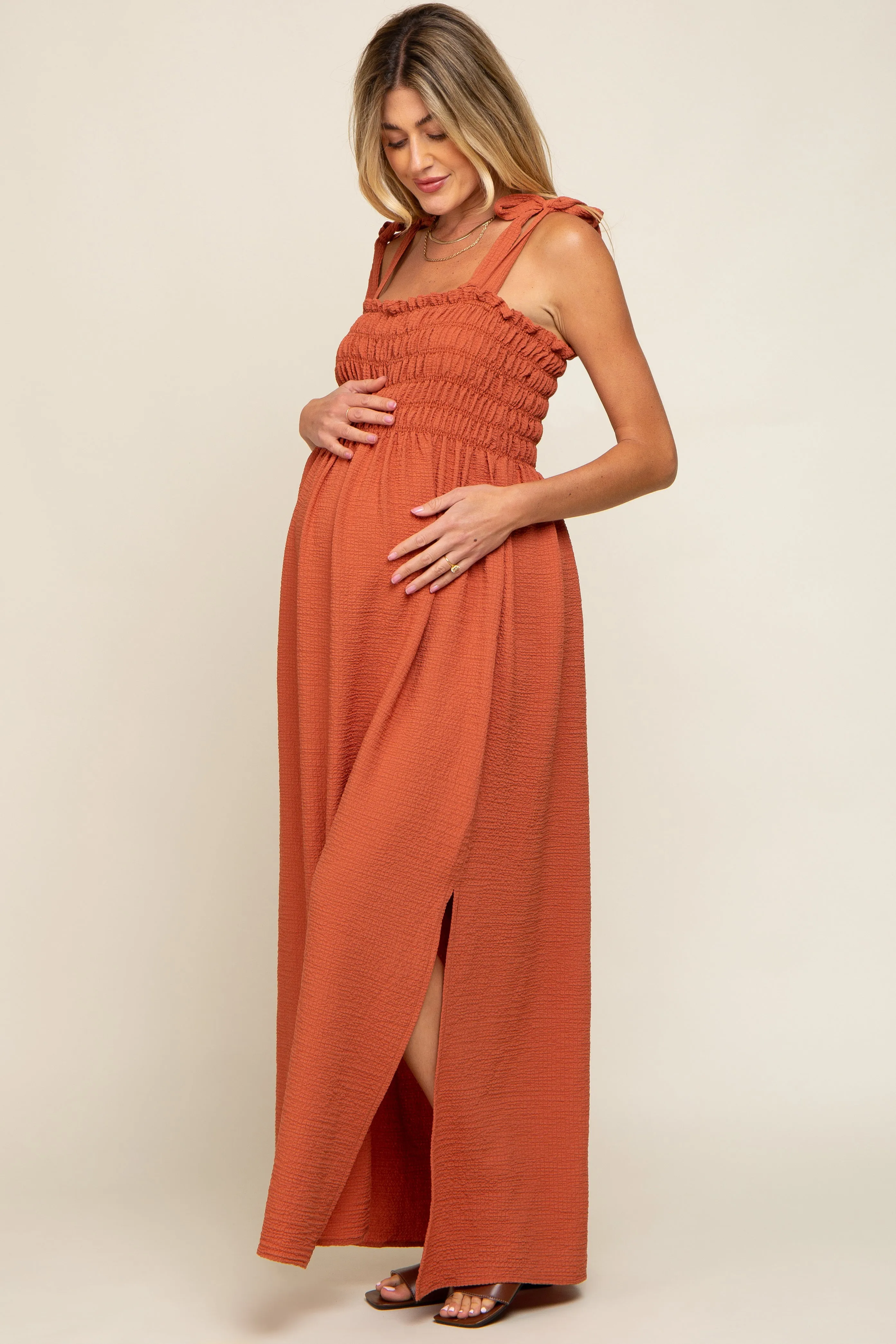 Rust Textured Smocked Shoulder Tie Maternity Maxi Dress sold by Pinkblush product image thumbnail 2