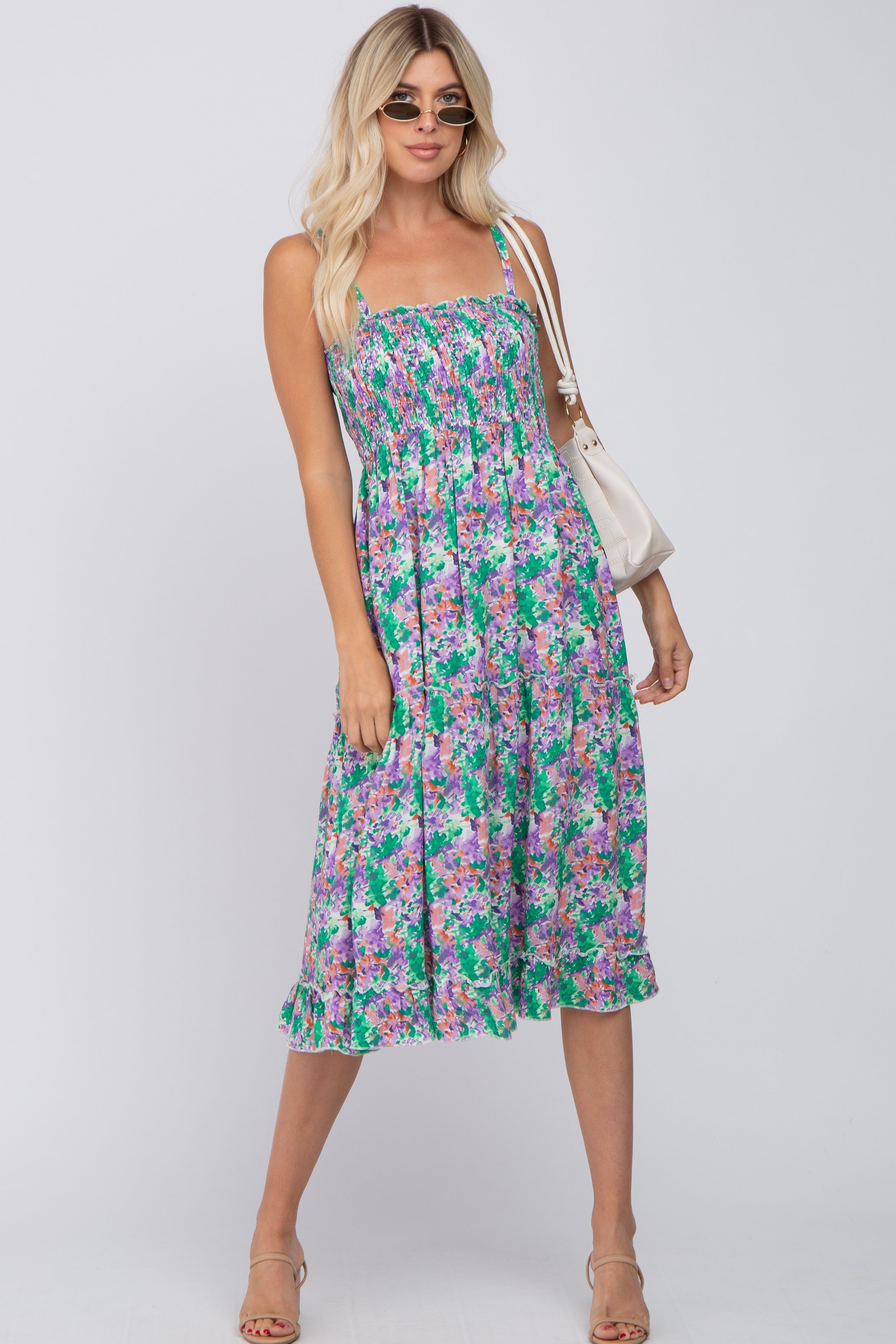 Jade Floral Smocked Ruffle Tiered Midi Dress sold by Pinkblush