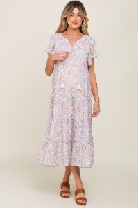 Lavender Floral Tassel Tie Tiered Maternity Midi Dress sold by Pinkblush
