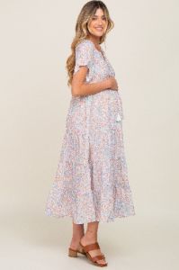 Lavender Floral Tassel Tie Tiered Maternity Midi Dress sold by Pinkblush