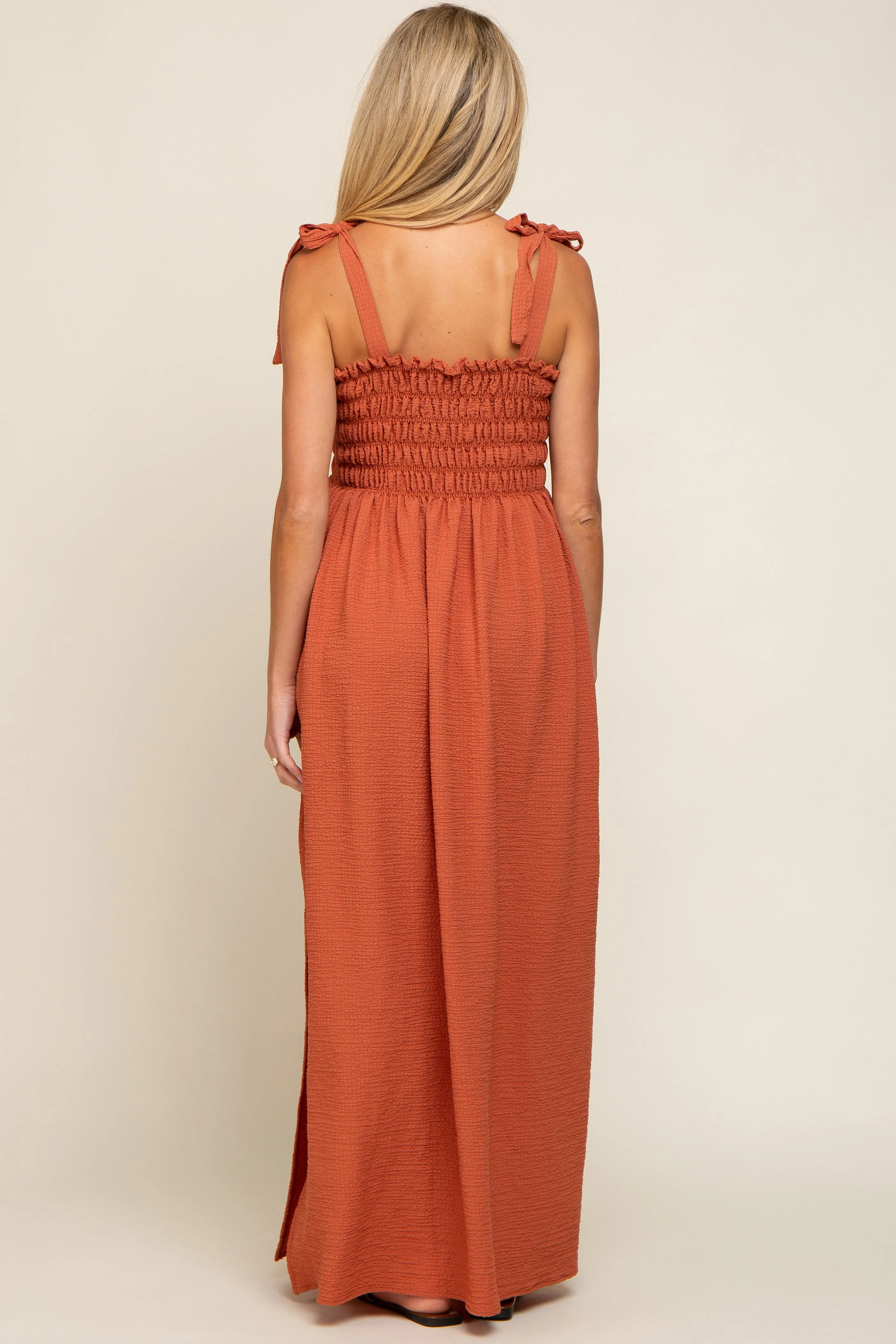 Rust Textured Smocked Shoulder Tie Maternity Maxi Dress sold by Pinkblush product image thumbnail 3