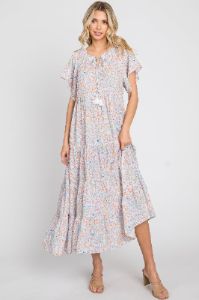 Lavender Floral Tassel Tie Tiered Maternity Midi Dress sold by Pinkblush