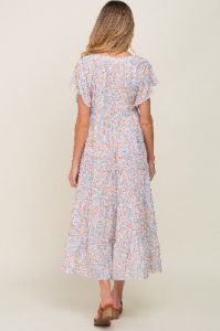Lavender Floral Tassel Tie Tiered Maternity Midi Dress sold by Pinkblush
