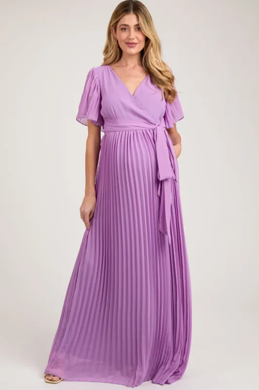 Lavender Chiffon Wrap Front V-Neck Short Sleeve Pleated Maternity Maxi Dress sold by Pinkblush
