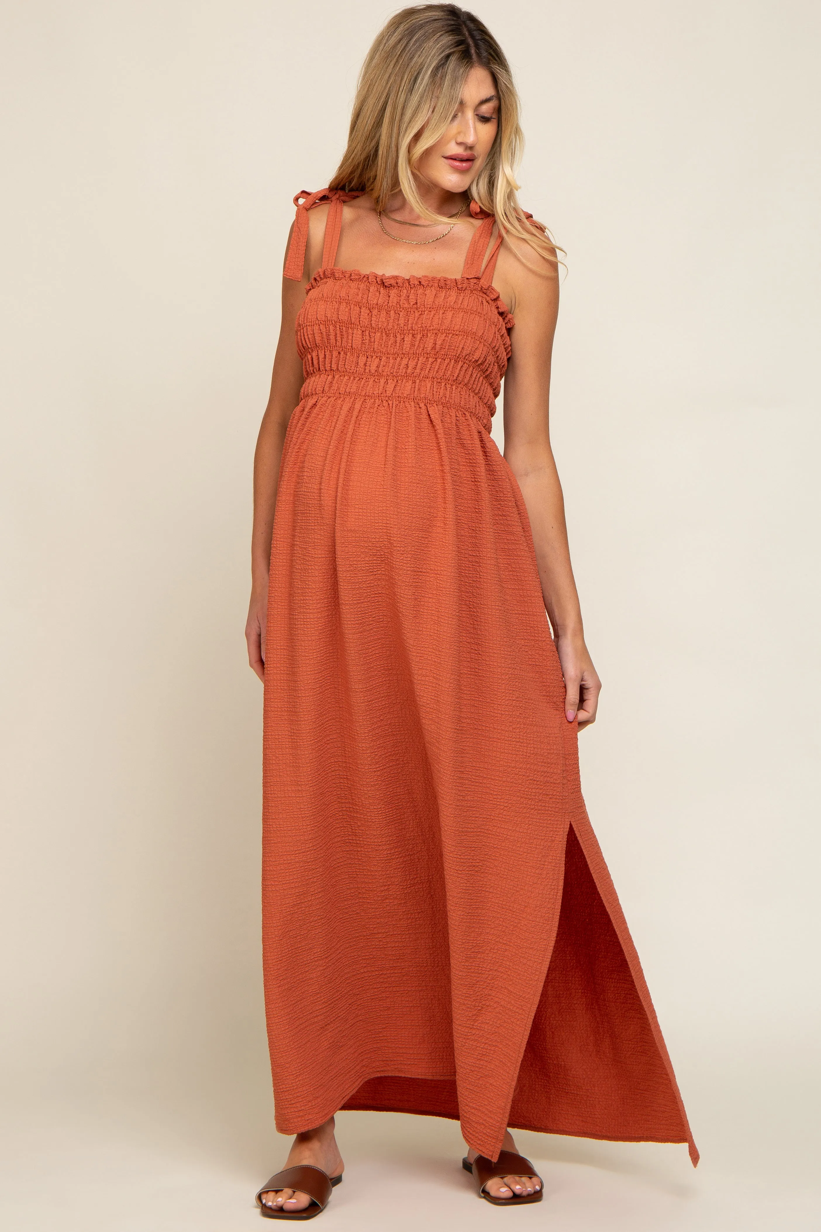 Rust Textured Smocked Shoulder Tie Maternity Maxi Dress sold by Pinkblush product image thumbnail 4