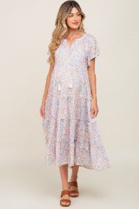 Lavender Floral Tassel Tie Tiered Maternity Midi Dress sold by Pinkblush