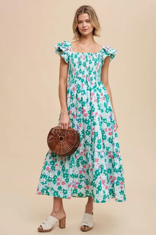 Green Floral Smocked Ruffle Sleeve Maxi Dress sold by Pinkblush