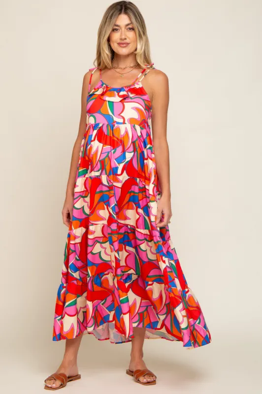 Coral Multi-Color Printed Tiered Maternity Dress sold by Pinkblush
