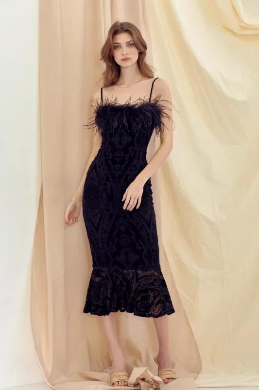 Black Feather Trim Crushed Velvet Mermaid Midi Dress sold by Pinkblush