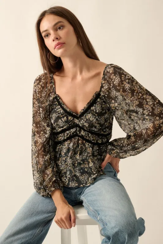 Black Floral Sweetheart Neck Semi Sheer Low Back Blouse sold by Pinkblush