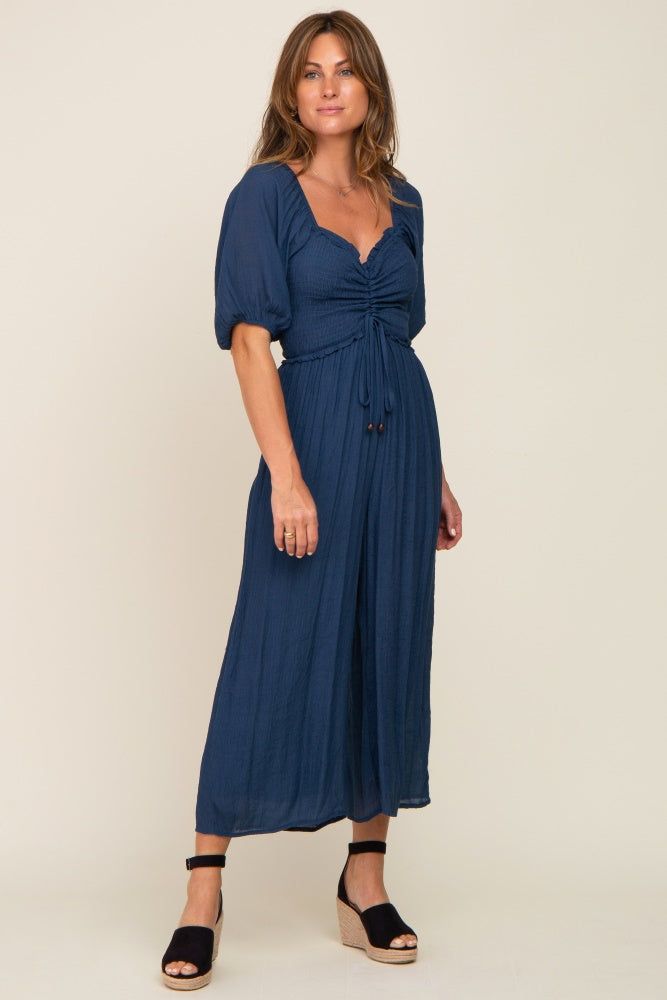 Navy Blue Smocked Drawstring Front Short Sleeve Jumpsuit sold by Pinkblush product image thumbnail 4