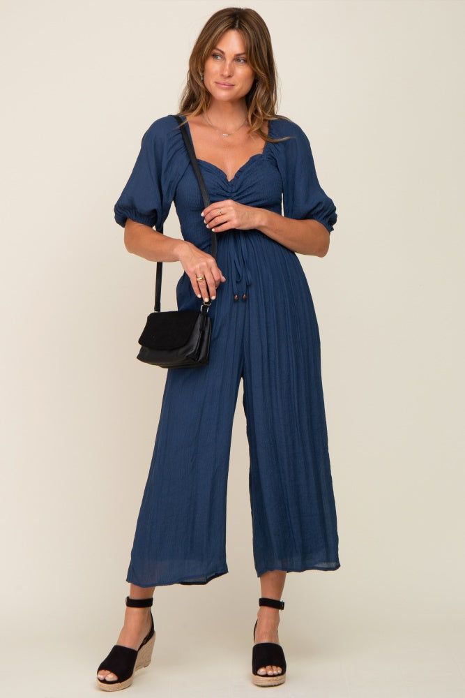 Navy Blue Smocked Drawstring Front Short Sleeve Jumpsuit sold by Pinkblush