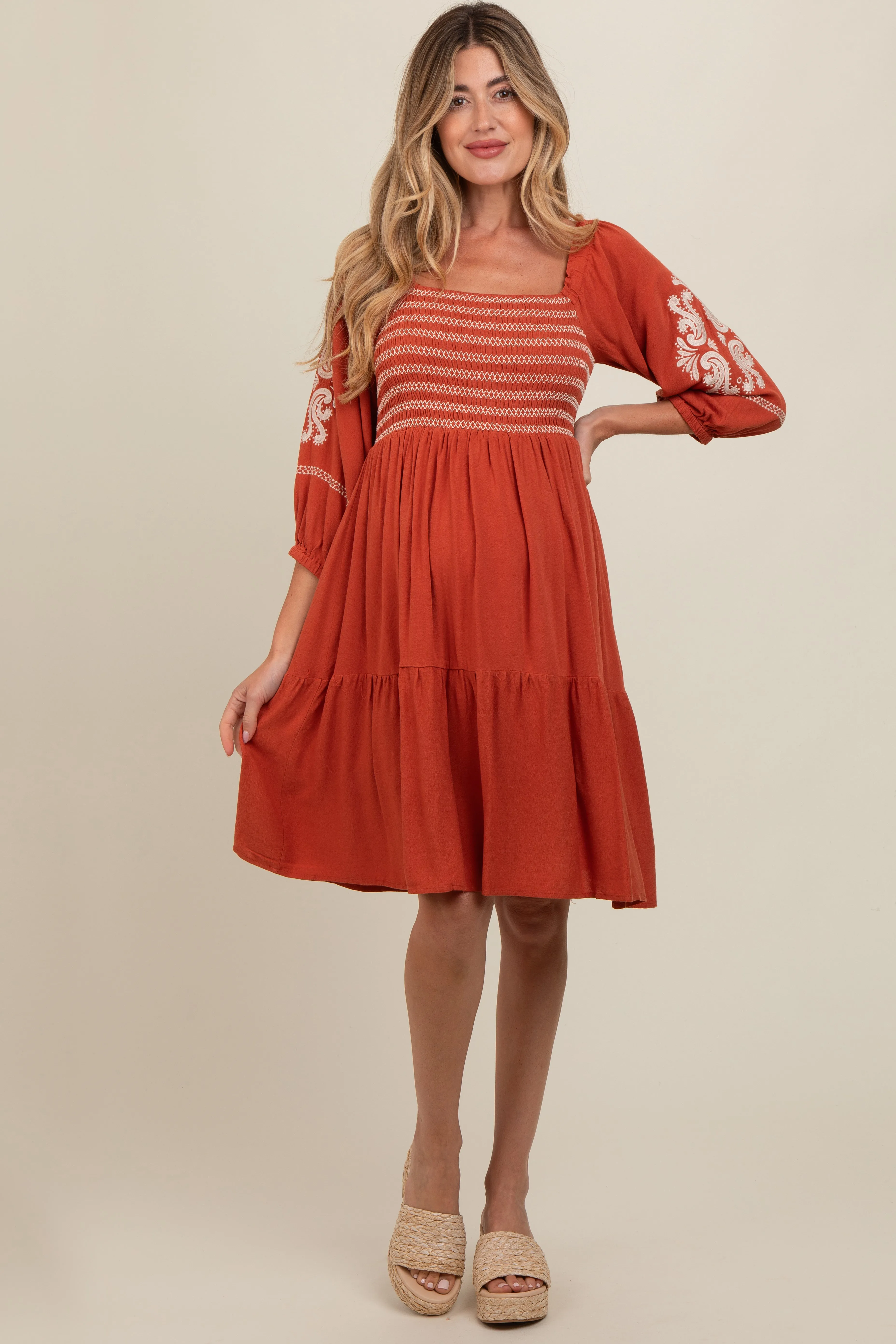 Rust Smocked Embroidered Damask Maternity Dress sold by Pinkblush