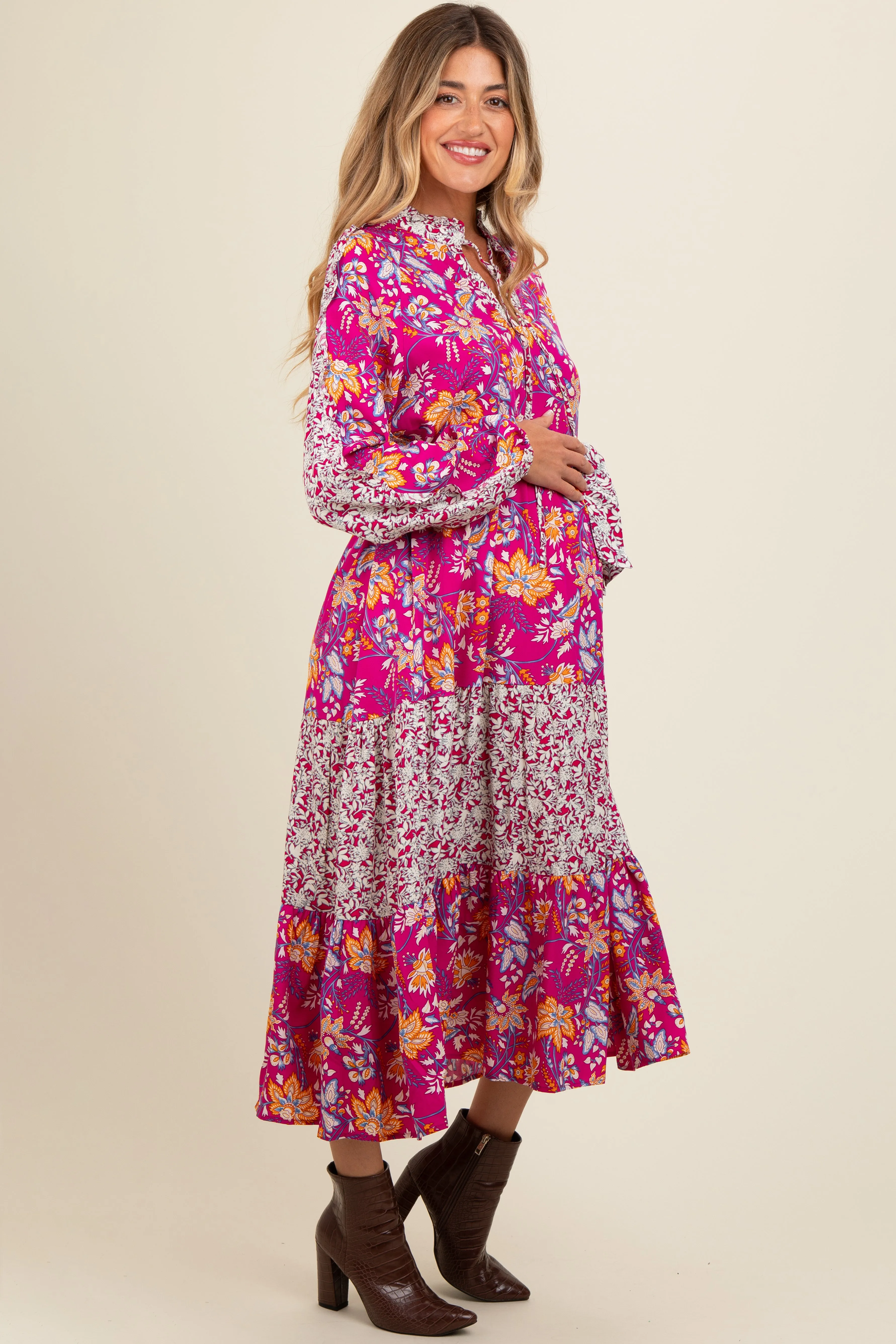 Magenta Mixed Floral Front Tie Maternity Midi Dress sold by Pinkblush product image thumbnail 3
