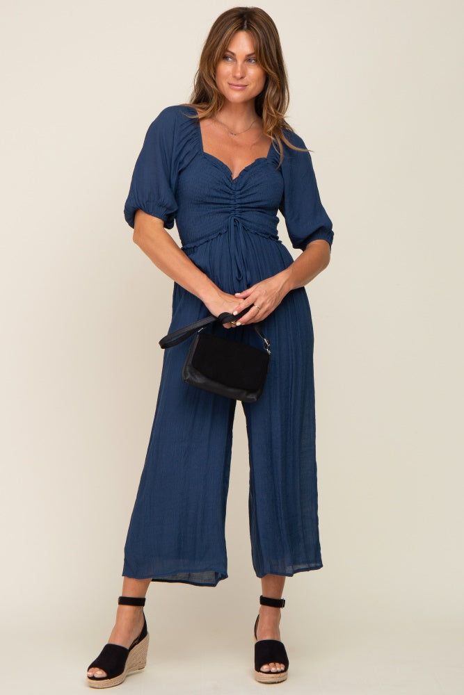 Navy Blue Smocked Drawstring Front Short Sleeve Jumpsuit sold by Pinkblush product image thumbnail 5